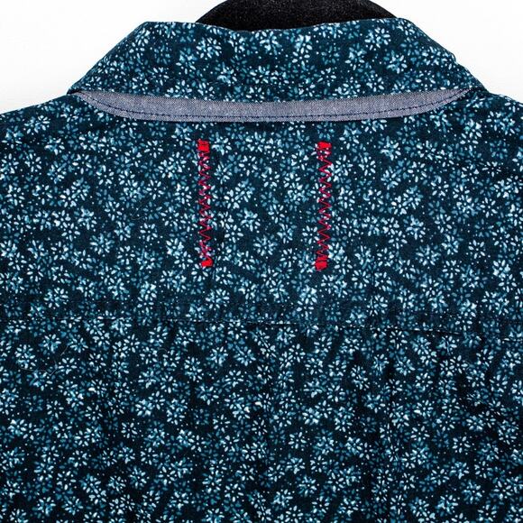 Floral Button-Up Chambray Trim – Men’s Medium Long Sleeve Casual | Vintage Red - Picture 11 of 12